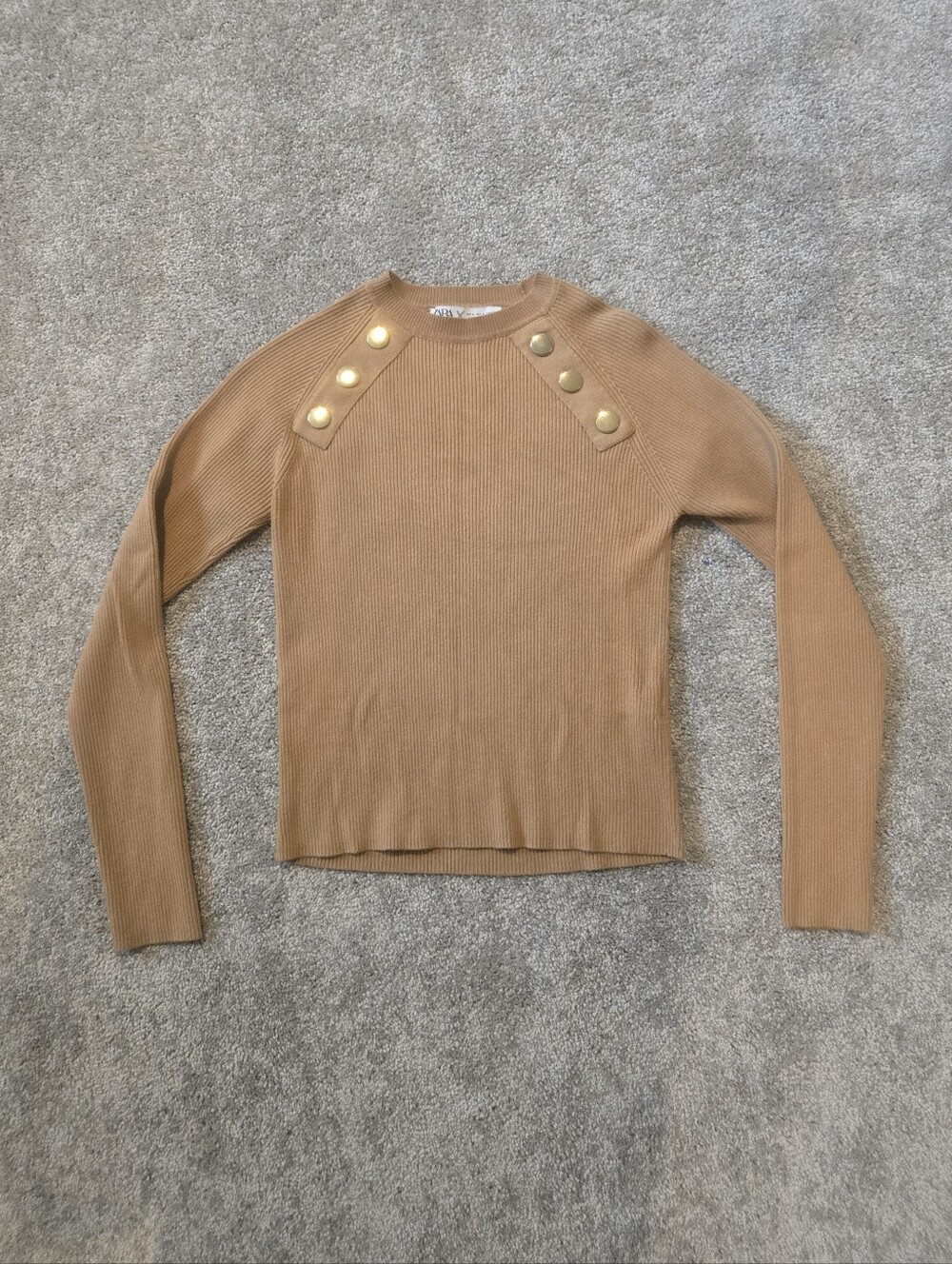 Zara Fine Ribbed Knit Shoulder Gold Button Accent Sweater Camel Tan Medium M